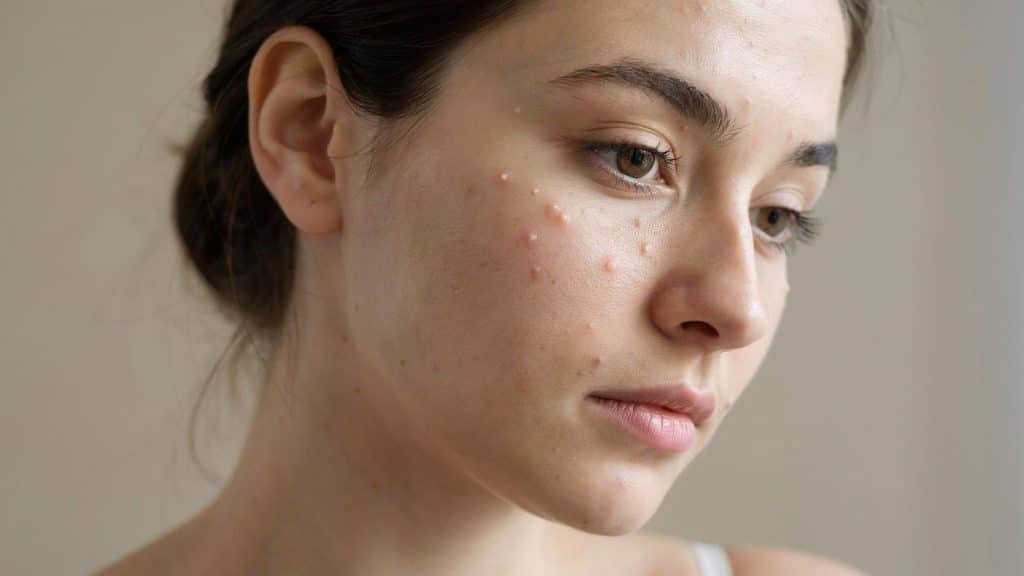 Close-up of a woman with milia on her cheek and chin with a plain background.