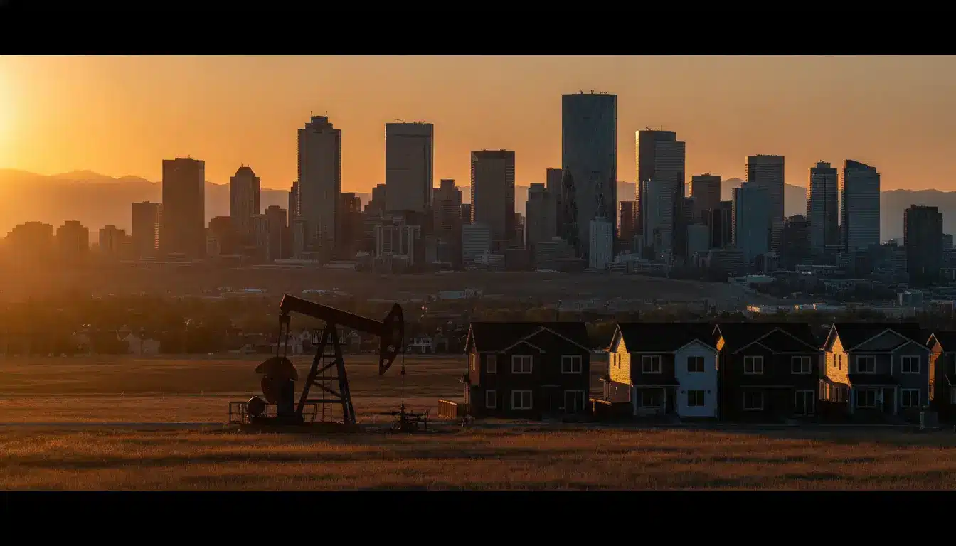 City skyline at sunset with silhouetted oil pump and row of houses in foreground