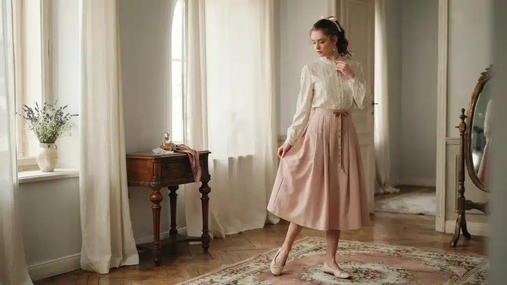 Young woman in cream blouse and pink midi skirt posing in a vintage room with soft light, coquette aesthetic style
