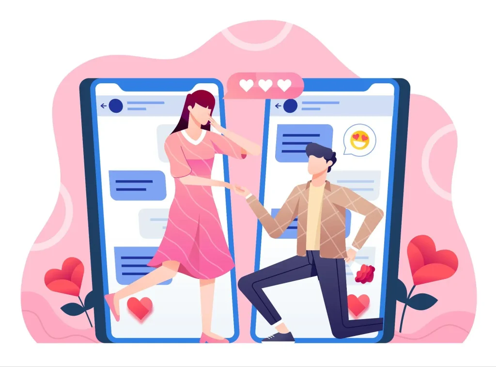 Illustration of a virtual proposal between couple using smartphones with pink hearts background