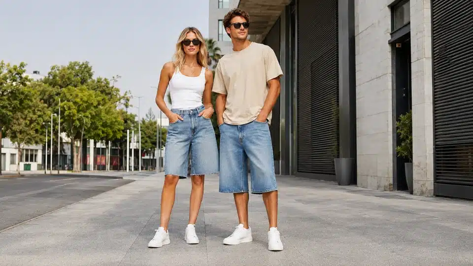 Man and woman wearing modern blue denim jorts in a stylish summer streetwear fashion editorial.