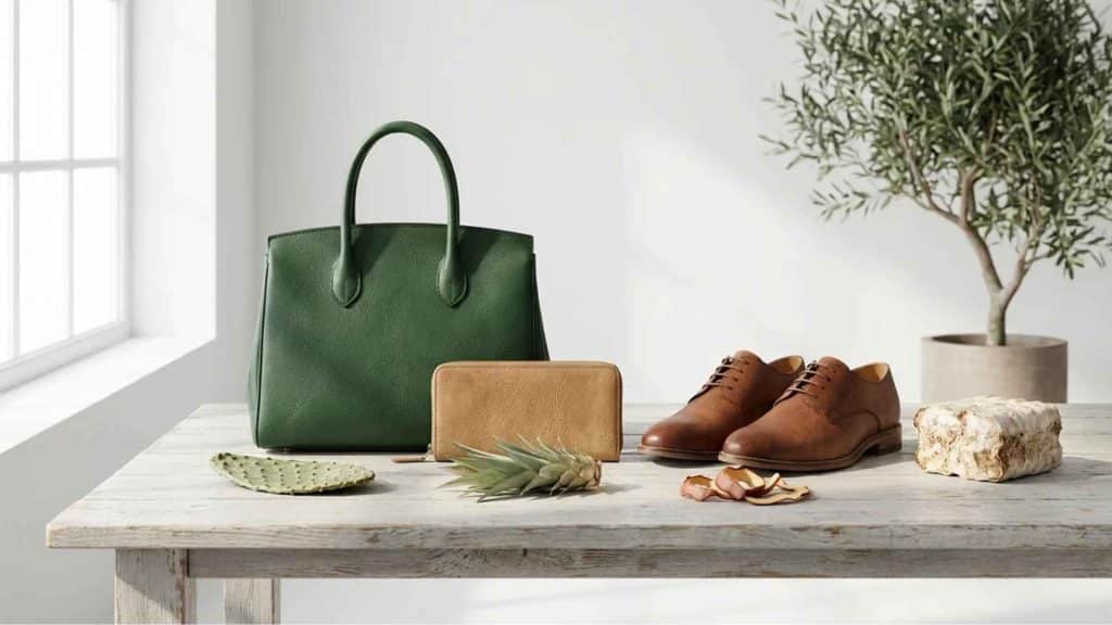Vegan leather products with plant based materials like cactus, pineapple fibers, and mushroom mycelium samples.