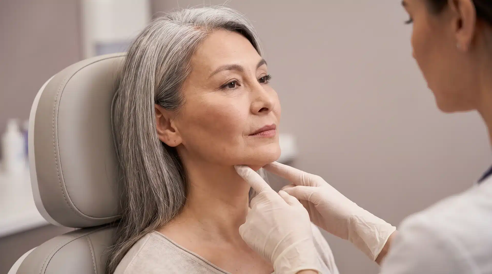 Mature woman’s profile showing jawline and neck contours during a facelift evaluation