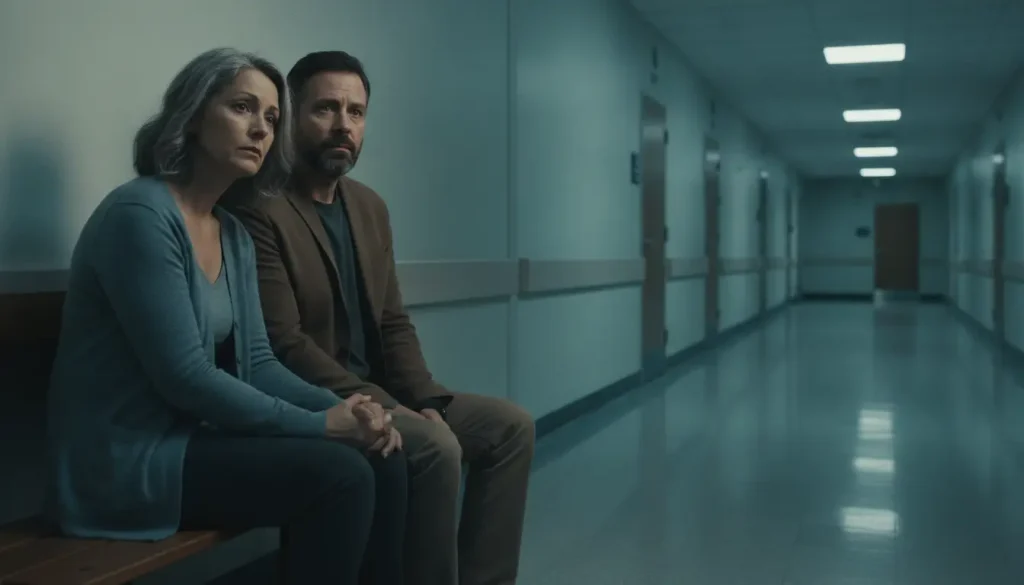 Couple sitting on bench in dimly lit hospital hallway looking concerned
