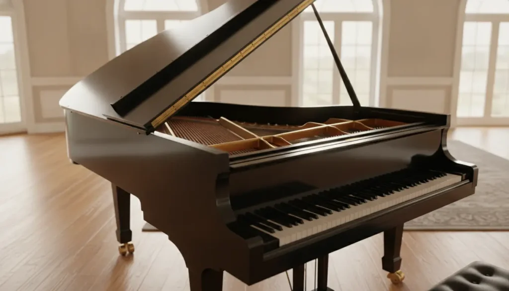 Grand piano with open lid in bright, elegant room with wooden floors