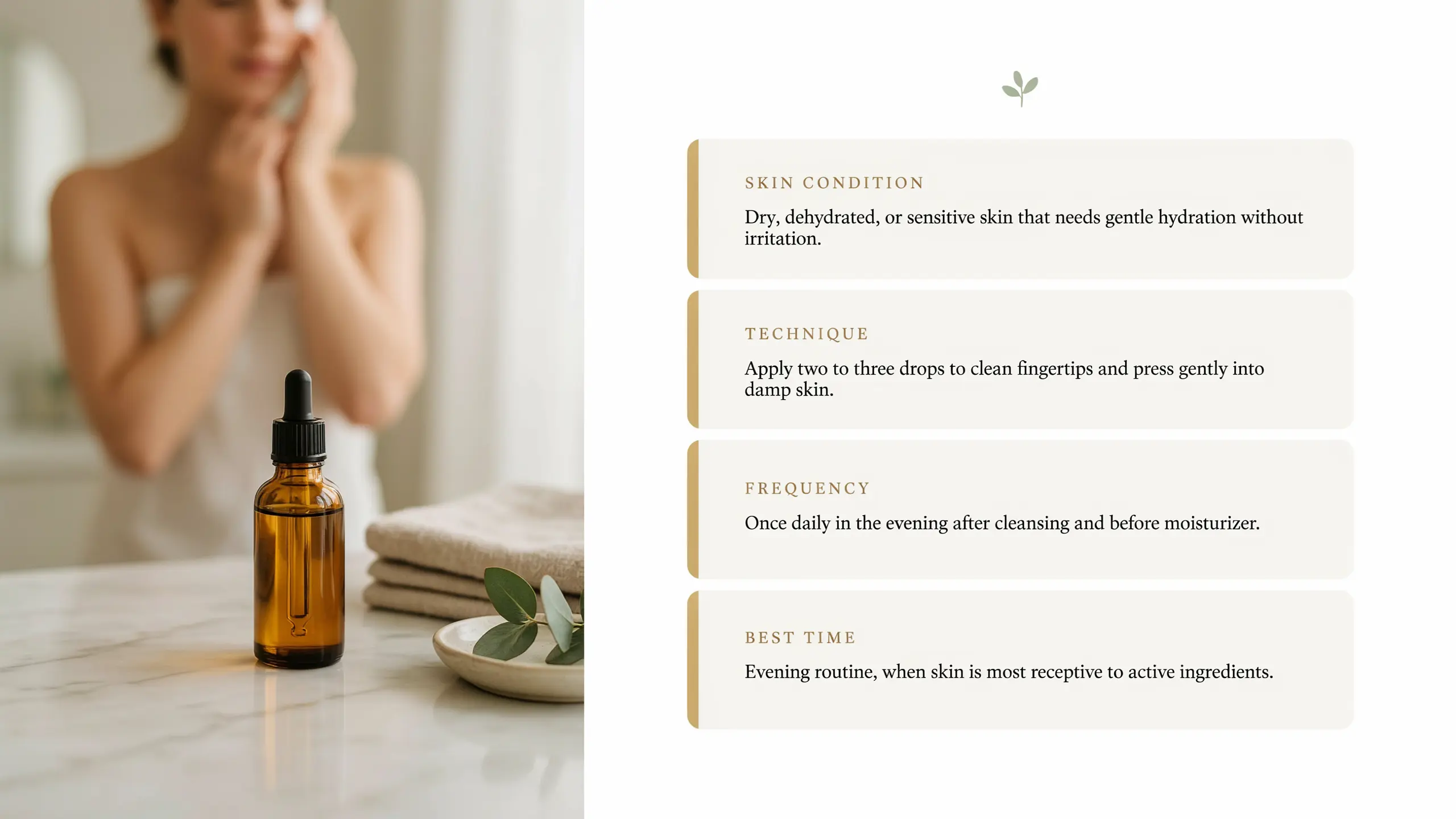 Close-up of hands applying golden facial oil to neck and shoulder in a bright, sunlit bathroom morning routine