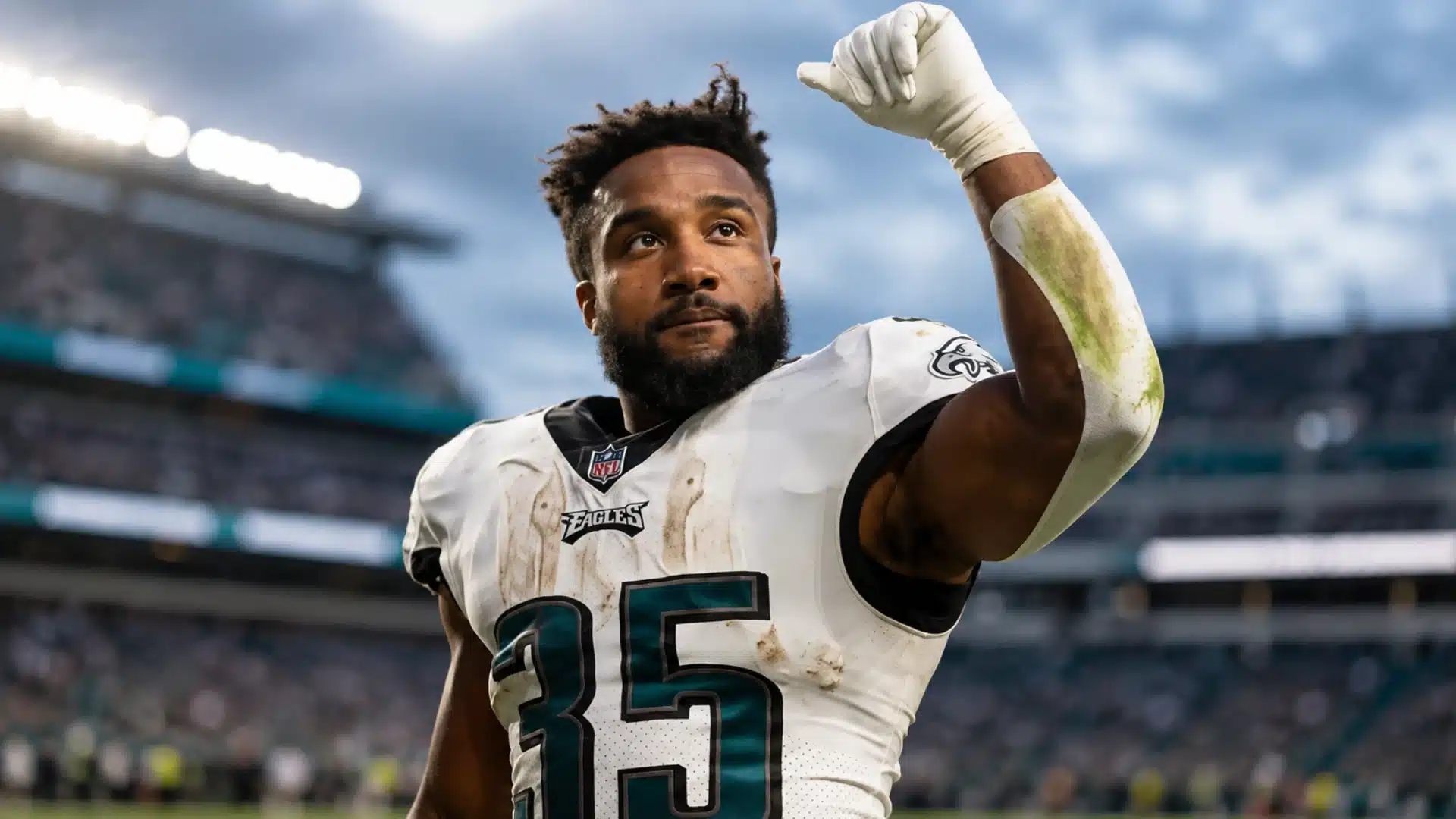 Philadelphia Eagles player Boston Scott in a white jersey raising a gloved hand on the football field.