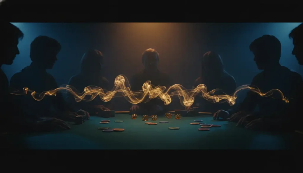 Poker game scene with six players around a table, colorful chips and smoke in dim lighting