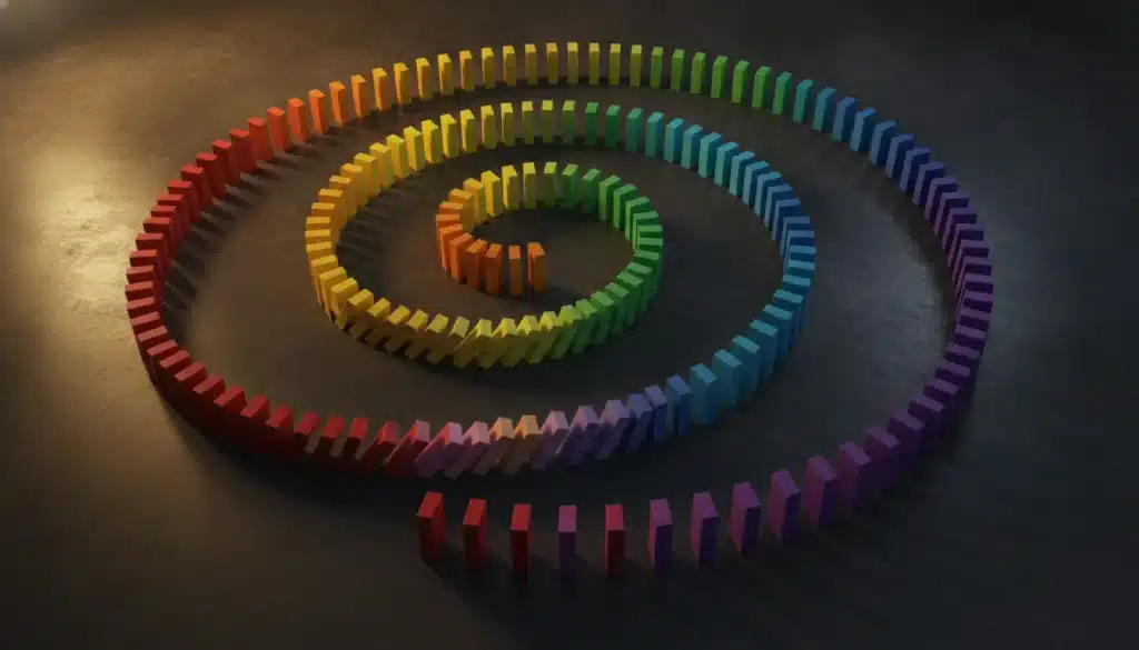 Colorful spiral pattern of standing dominoes on dark floor in warm lighting