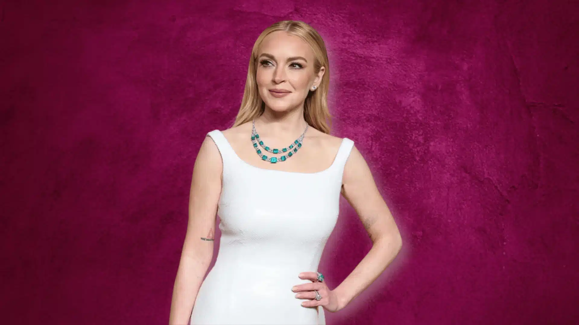 Lindsay Lohan wearing a white dress and jewelry at an event, featured in a discussion about plastic surgery changes.