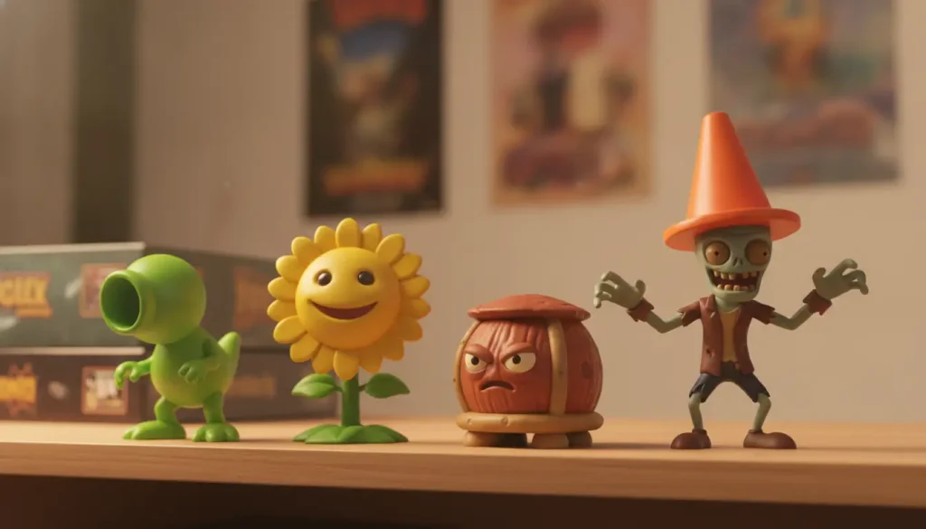 Colorful toy figures including a green plant, smiling sunflower, and zombie with cone hat on wooden shelf