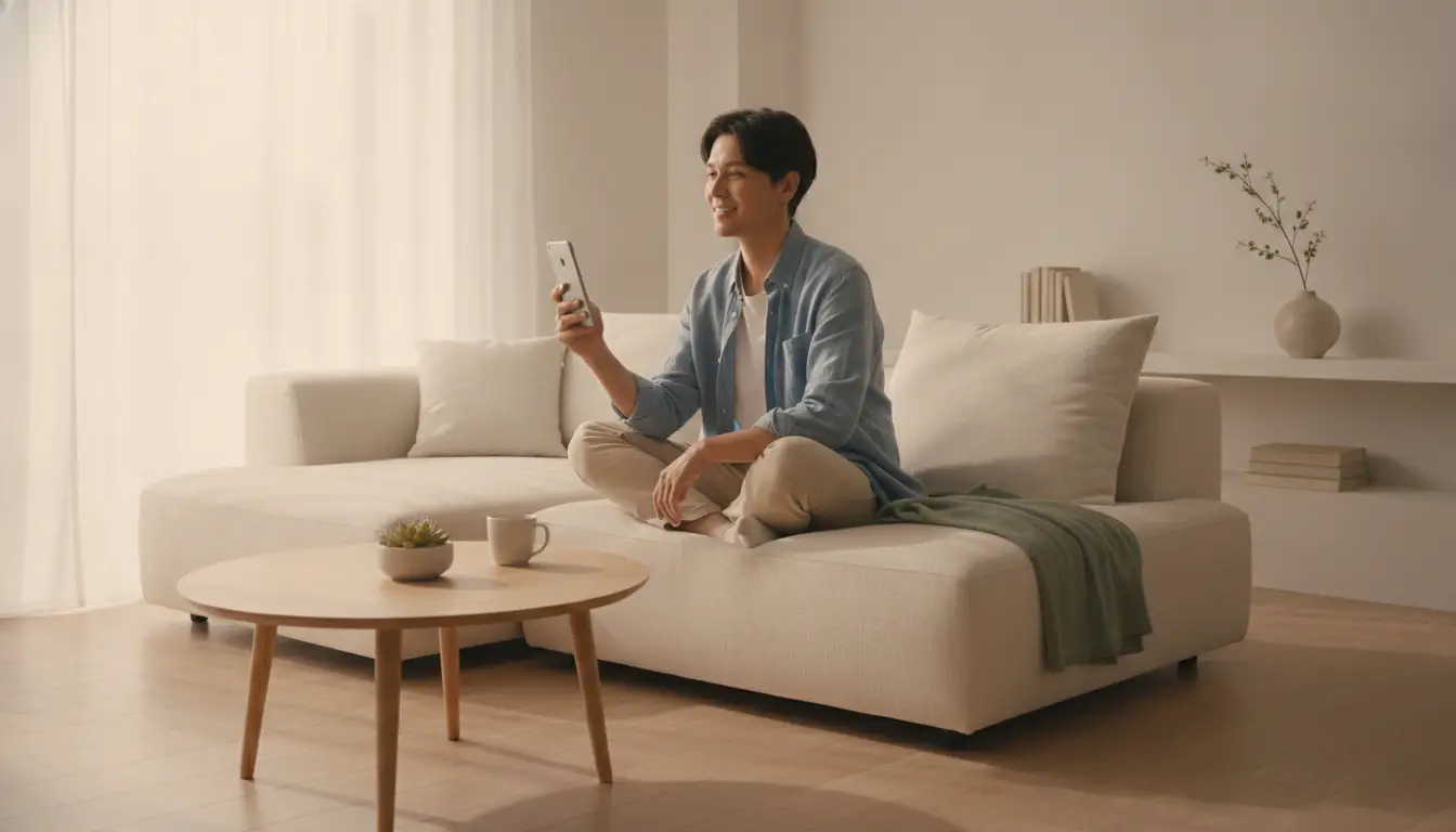 Man sitting cross-legged on beige sofa using smartphone in a bright, minimalist living room