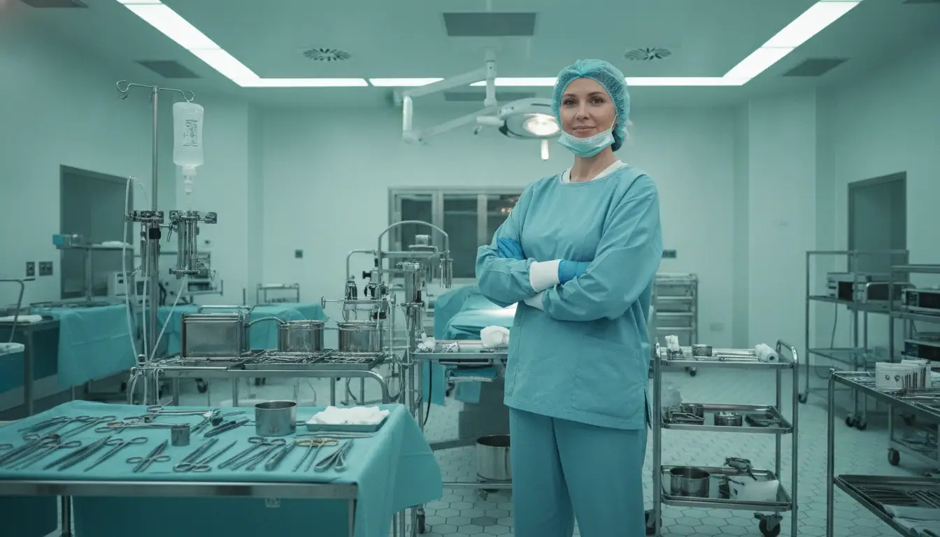 Surgeon in blue scrubs standing confidently in a well-equipped operating room