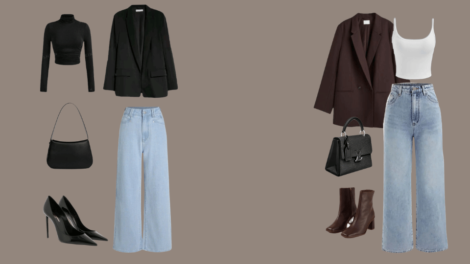 Minimalist outfit with dark wide-leg jeans, fitted blazer, shoulder bag, and gold jewelry.