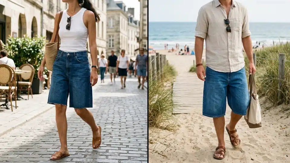 Woman and man wearing wide leg jorts with relaxed summer fashion styling.