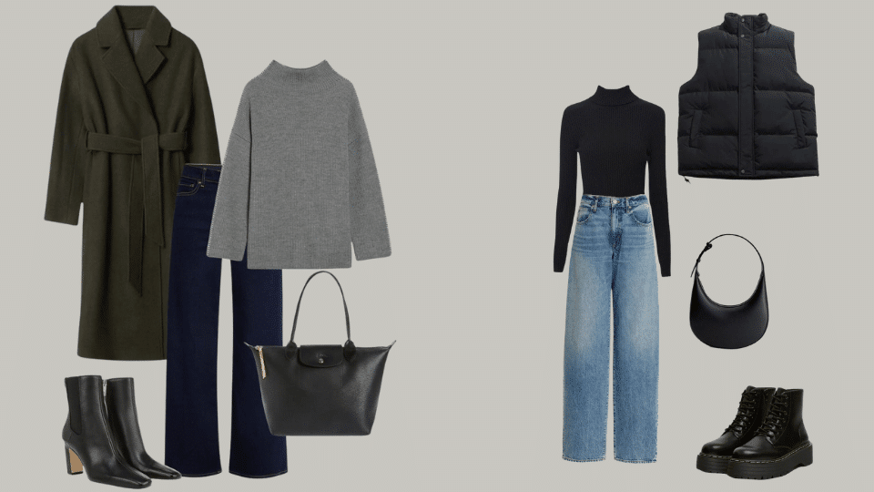Winter minimalist outfit with a cashmere sweater, wool coat, straight denim, leather boots, and scarf.