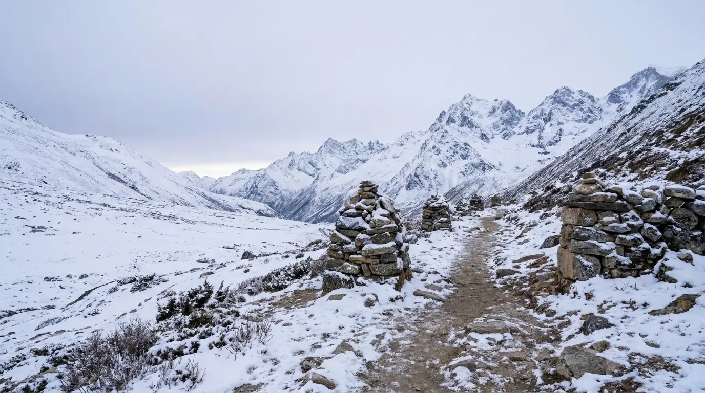 Snow-covered mountain path lined with stone cairns under overcast sky