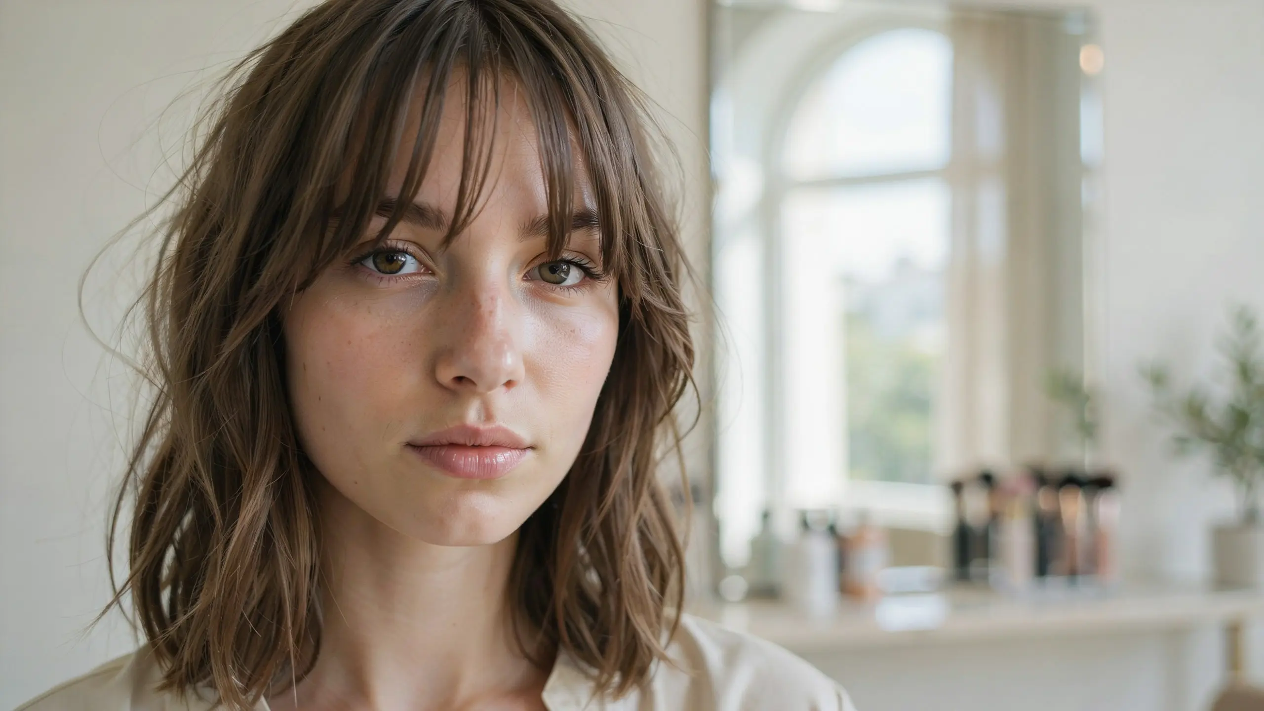 Light wispy bangs with feathered texture and natural waves for a soft feminine hairstyle