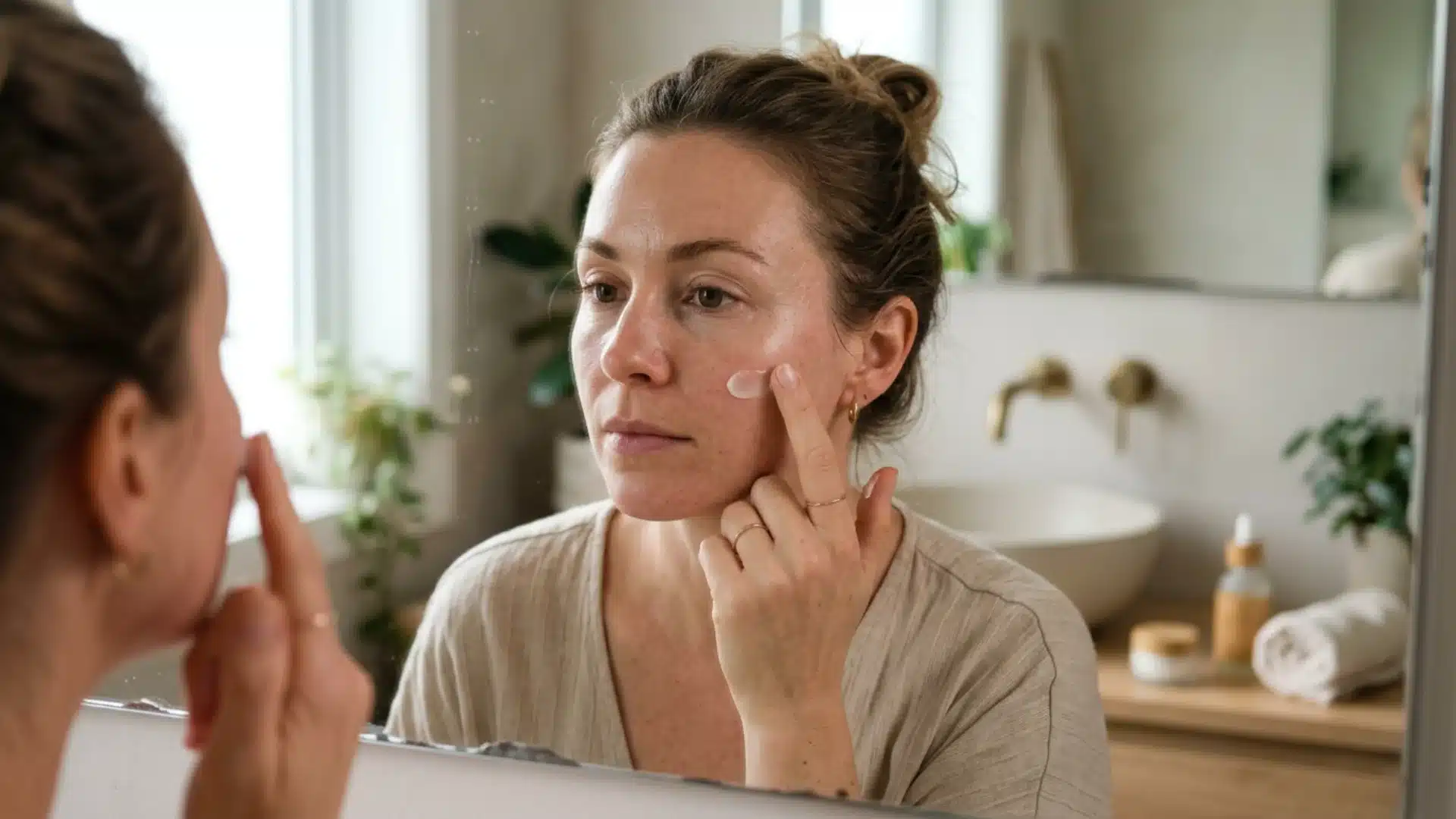 Woman applying skincare cream to her cheek while looking in a bathroom mirror during a simple beauty routine