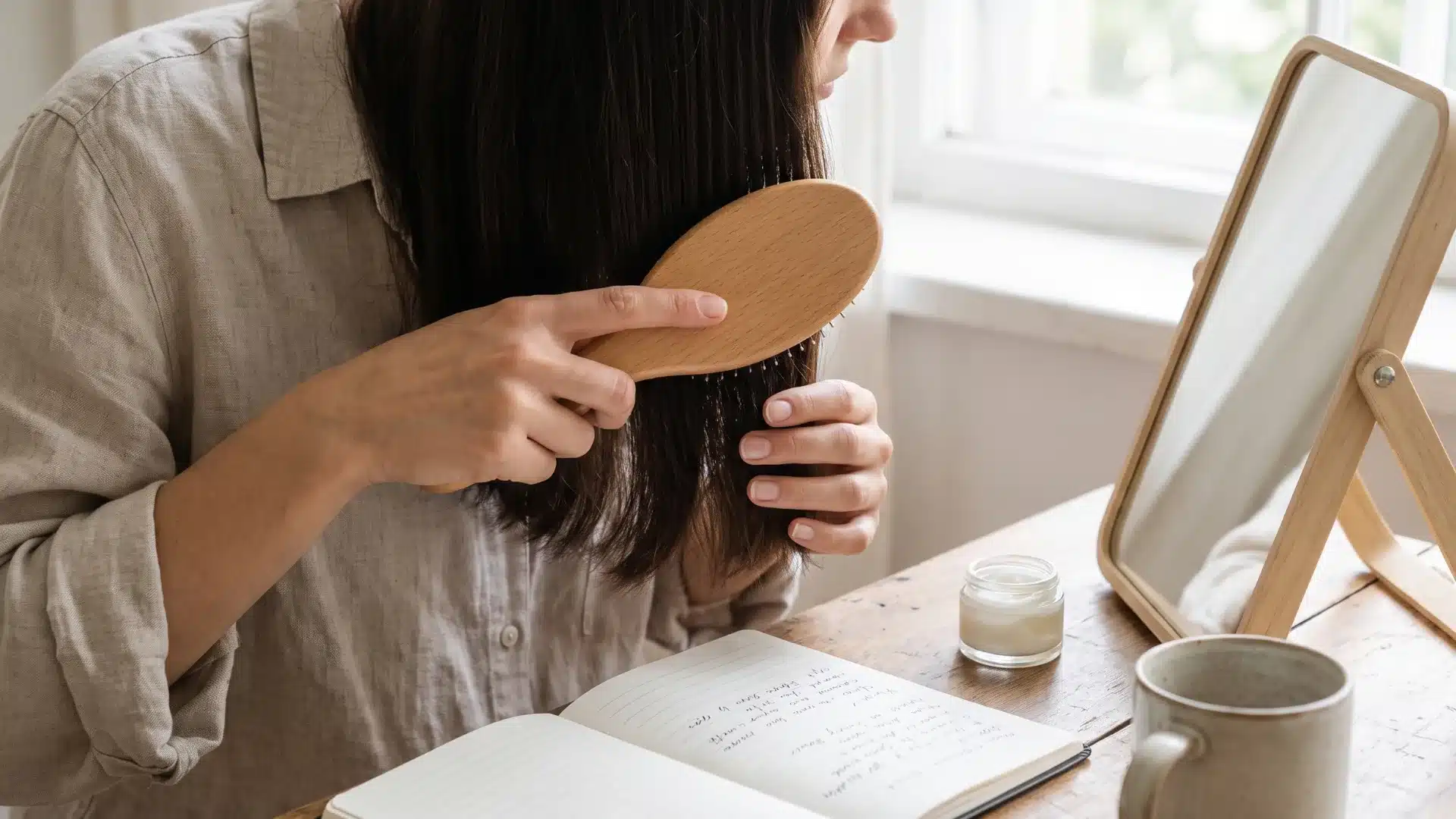 Woman brushing her hair in front of a mirror during a daily beauty routine with a wooden brush and home setting