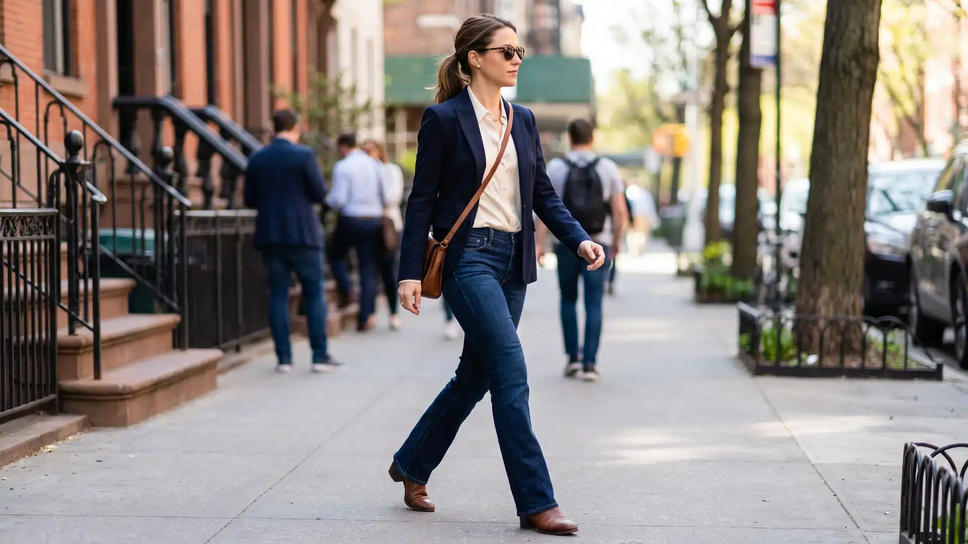 Woman walking outdoors wearing dark bootcut jeans with a blazer and casual footwear in a stylish city street setting