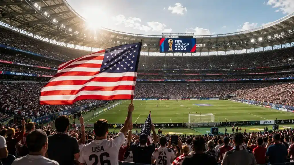 Crowd cheering with American flag at FIFA World Cup 2026 stadium under bright sunlight