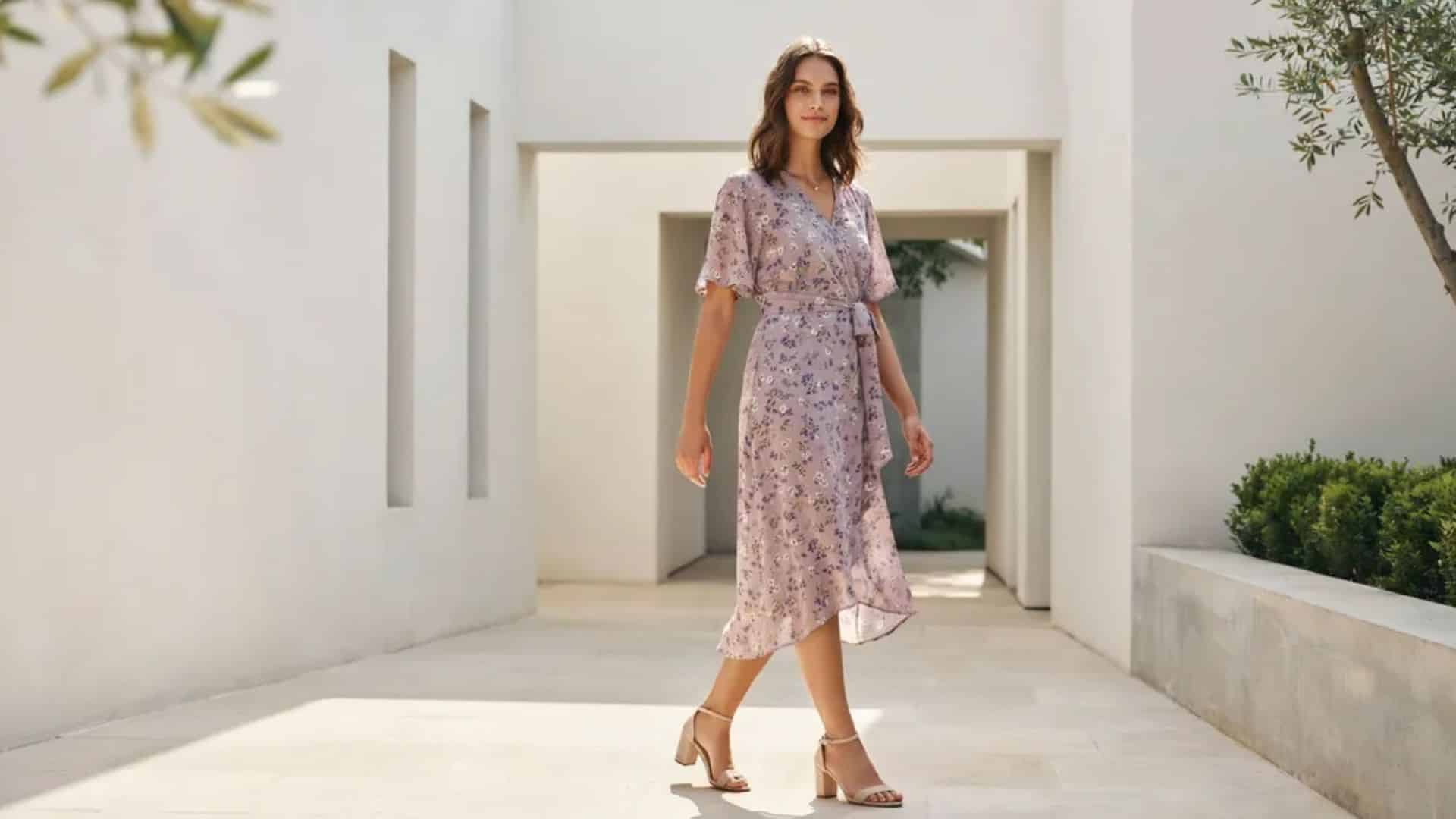 Woman wearing lilac floral wrap dress with block heels walking outdoors in soft daylight elegant spring fashion look now