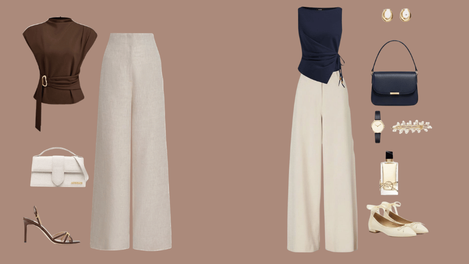 Minimalist outfit with wrap top and straight fit trousers