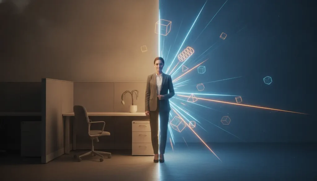 Professional woman in business attire transitioning from traditional office to digital space with glowing geometric shapes