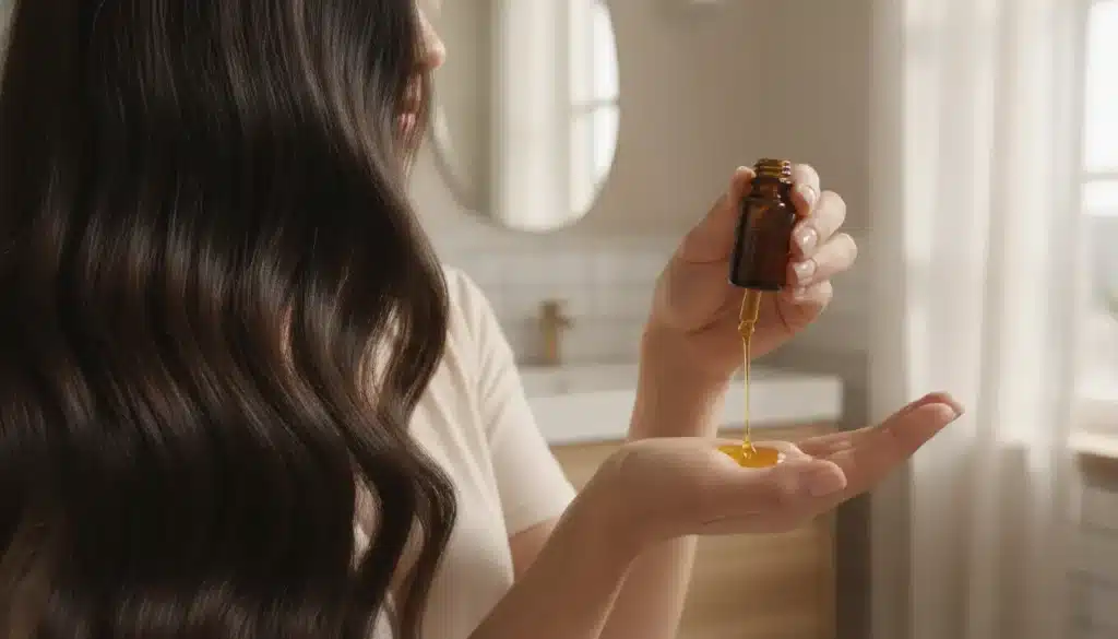 Long dark hair and hand pouring hair oil in modern bathroom setting