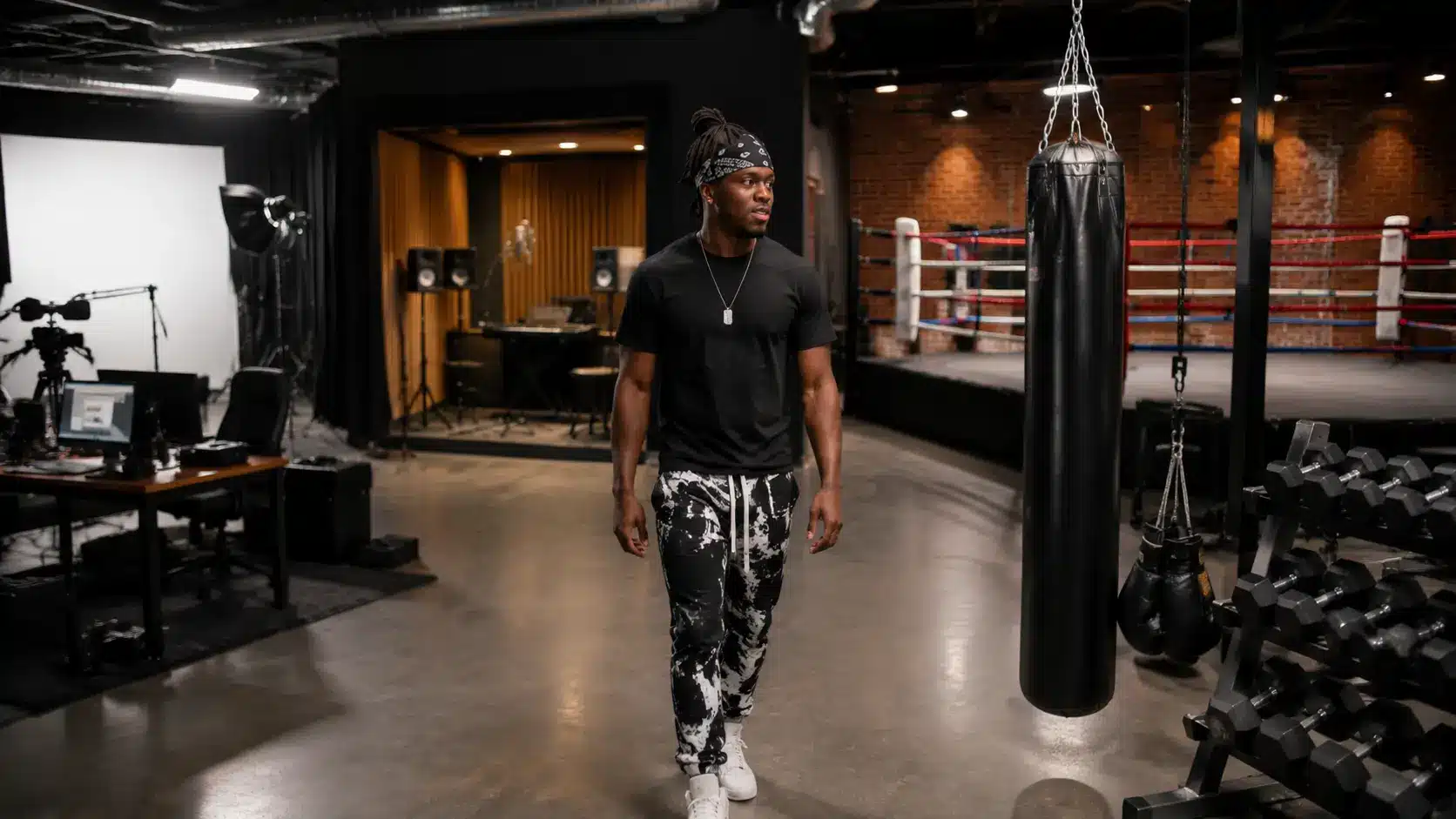 KSI in a studio combining YouTube production, music recording, and professional boxing