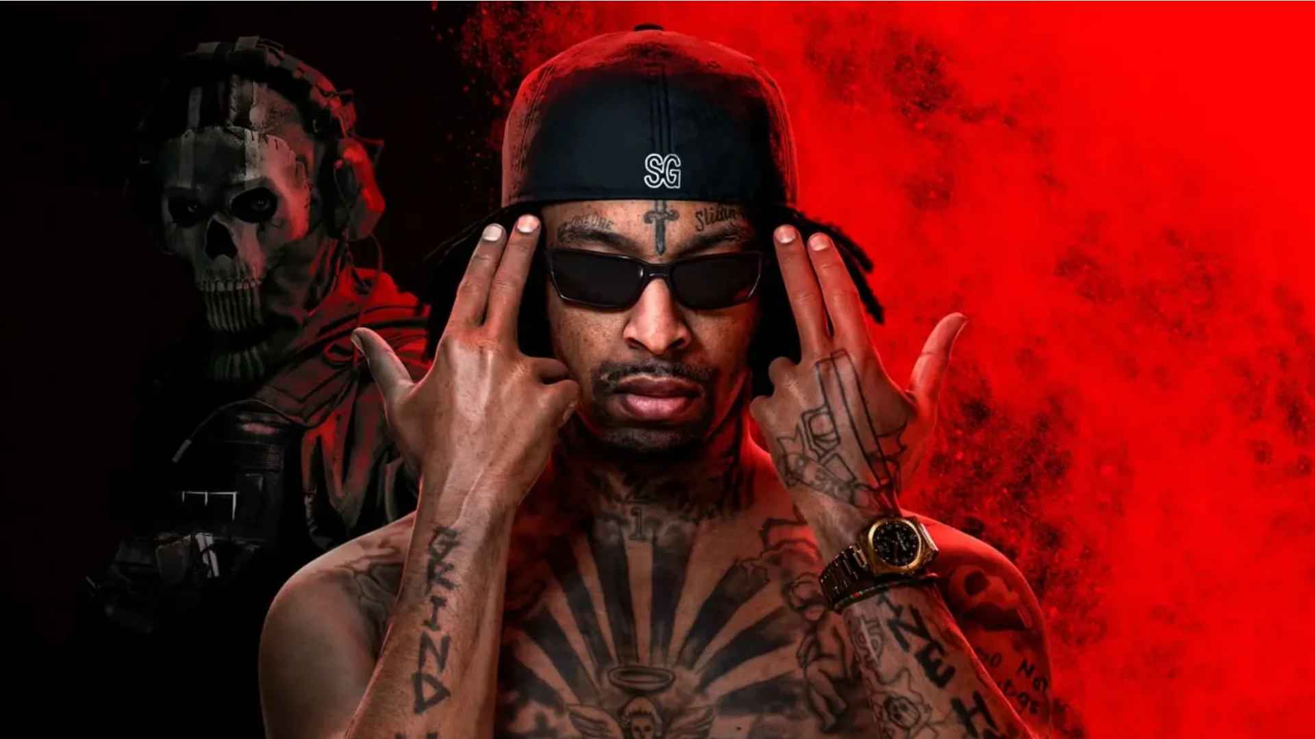 21 savage wearing sunglasses and a cap, posing with hands raised against a red and black graphic background.