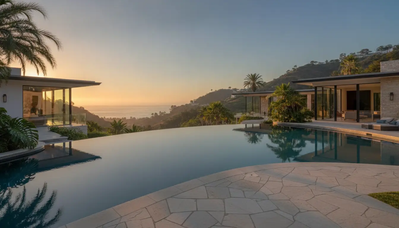 Modern hillside villa with infinity pool overlooking ocean at sunset