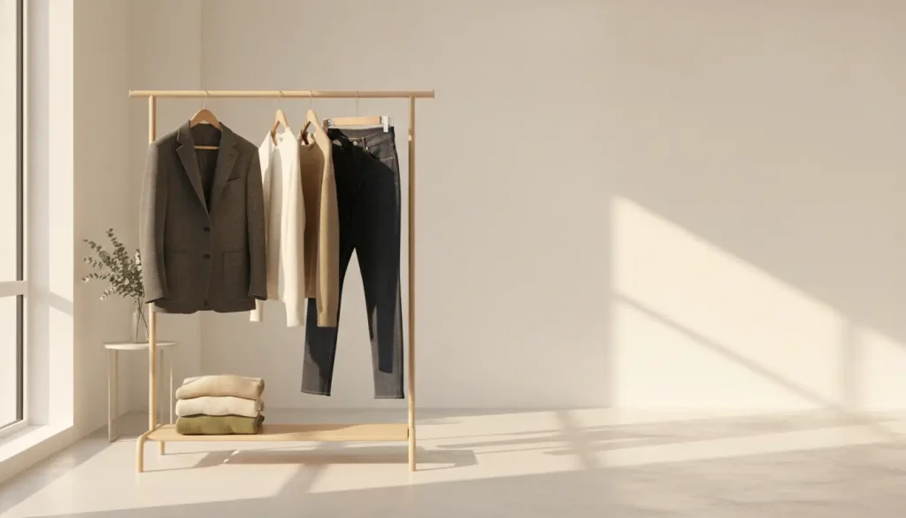 Clothing rack with jackets, jeans, and sweaters in sunlit minimalist room