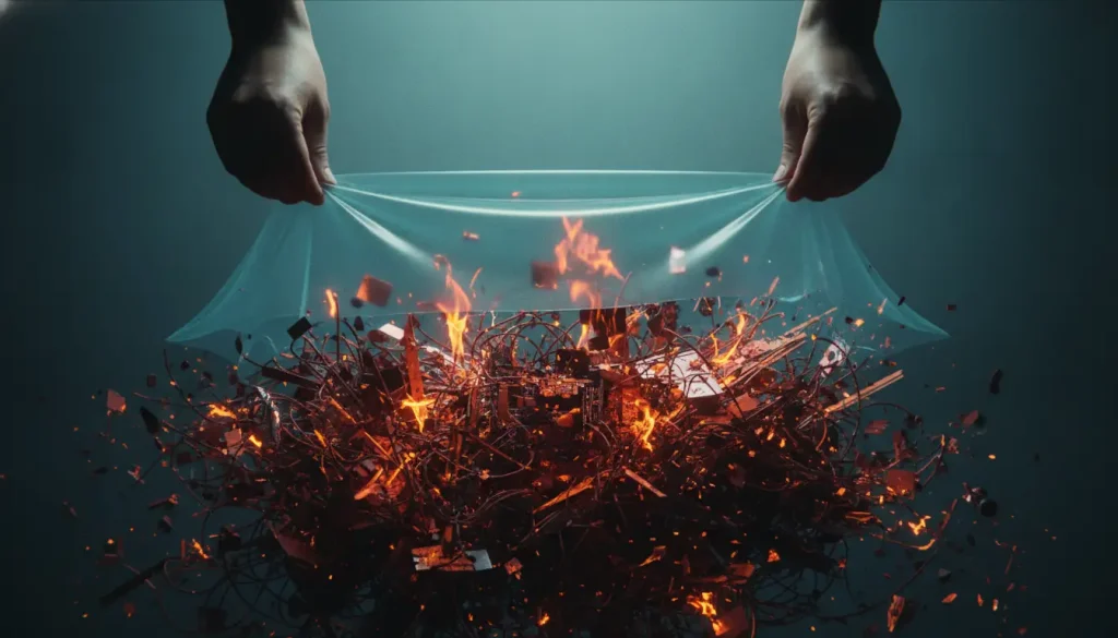 Hands pulling translucent sheet over fiery circuit board mess in dark environment