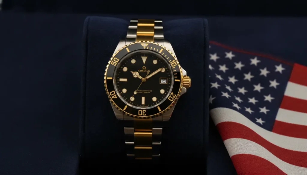 Gold and silver watch with black face on navy fabric beside American flag pattern