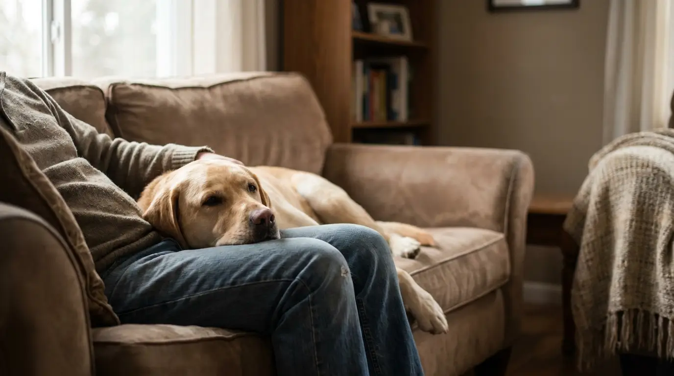 Dog resting its head on person's lap on a beige sofa indoors