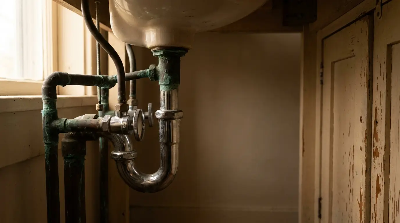 Antique plumbing pipes and fittings under an old porcelain sink with natural light from window