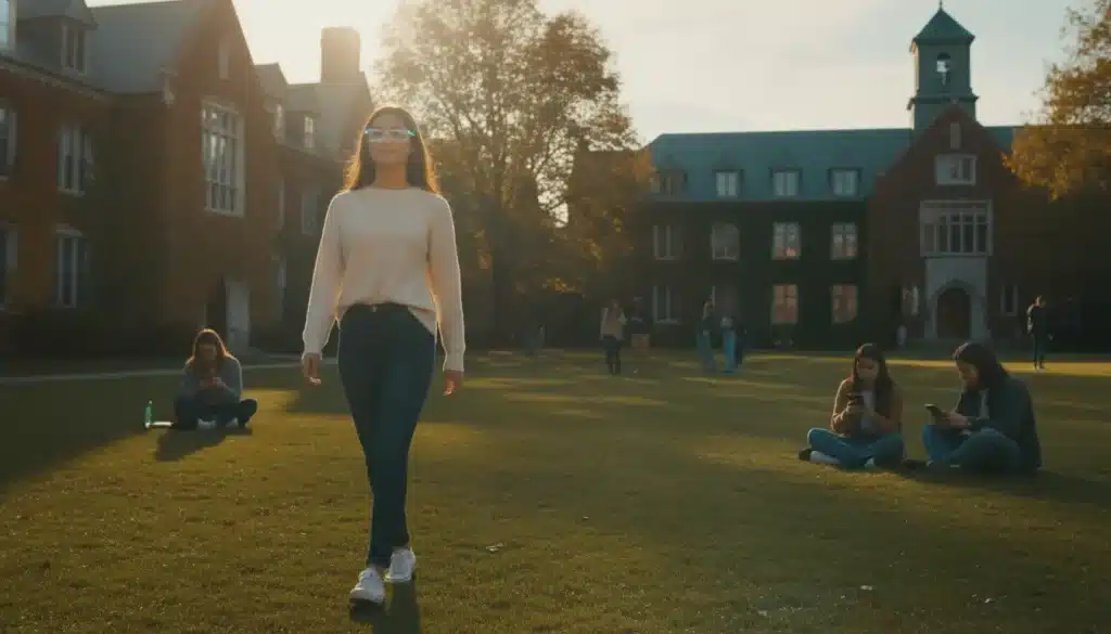 Young woman walking on a grassy college campus during sunset with others sitting nearby