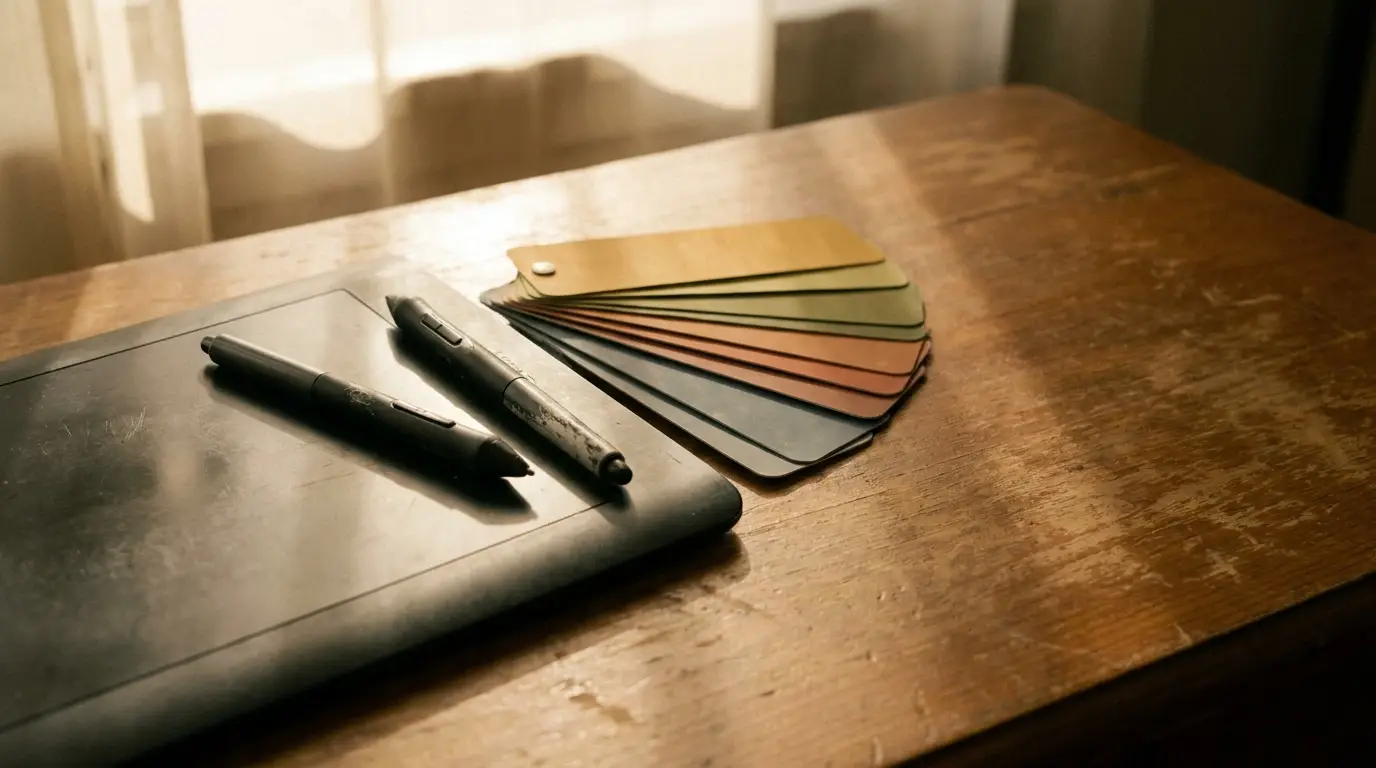 Digital drawing tablet with stylus and color swatch fan on wooden desk