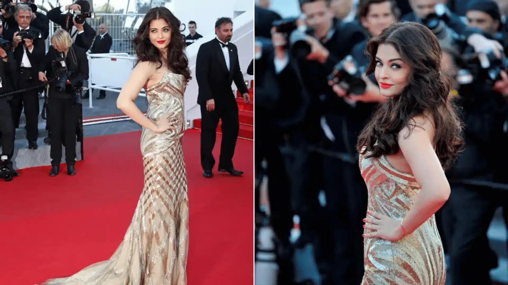 Aishwarya Rai Bachchan wearing a gold gown by Roberto Cavalli at the Cannes Film Festival 2014.