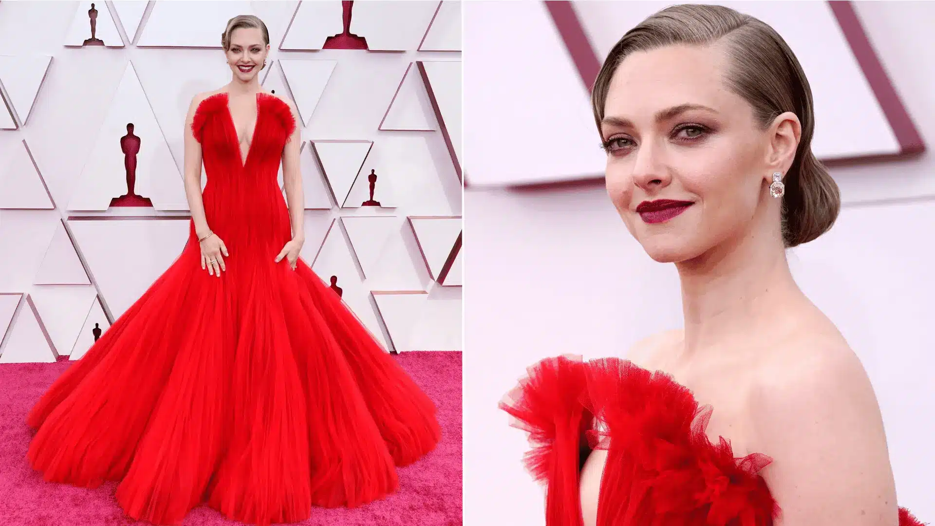 Amanda Seyfried wearing a red tulle gown by Armani Privé at the Oscars 2021.