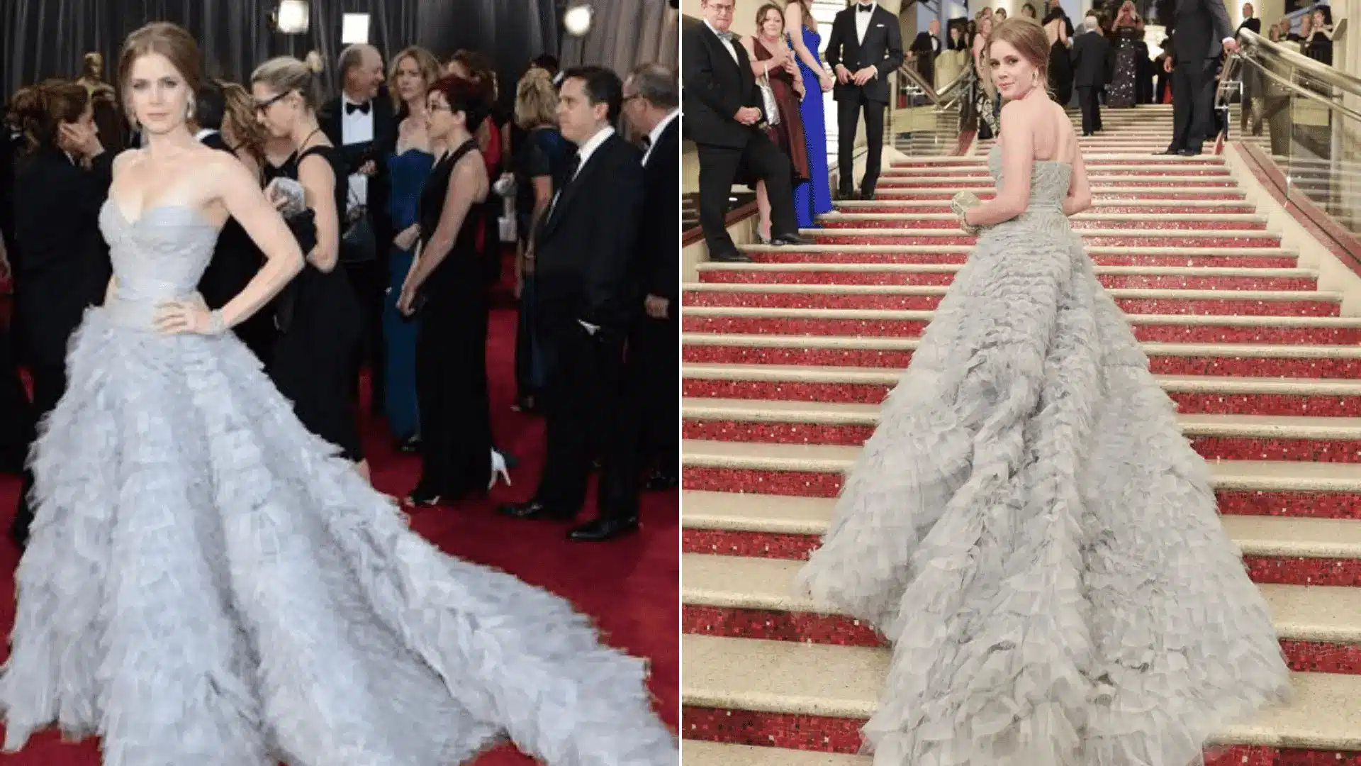 Amy Adams wearing a pale blue-gray ball gown by Oscar de la Renta at the Oscars 2013.