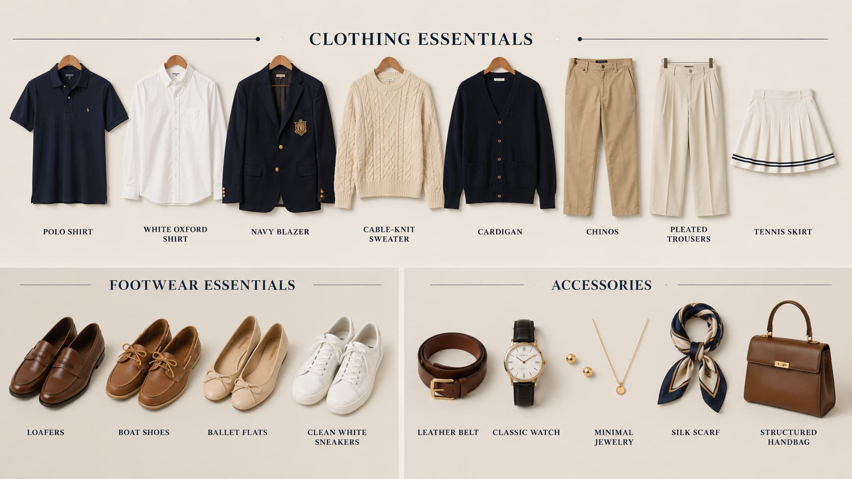 An infographic layout titled CLOTHING ESSENTIALS, FOOTWEAR ESSENTIALS, and ACCESSORIES