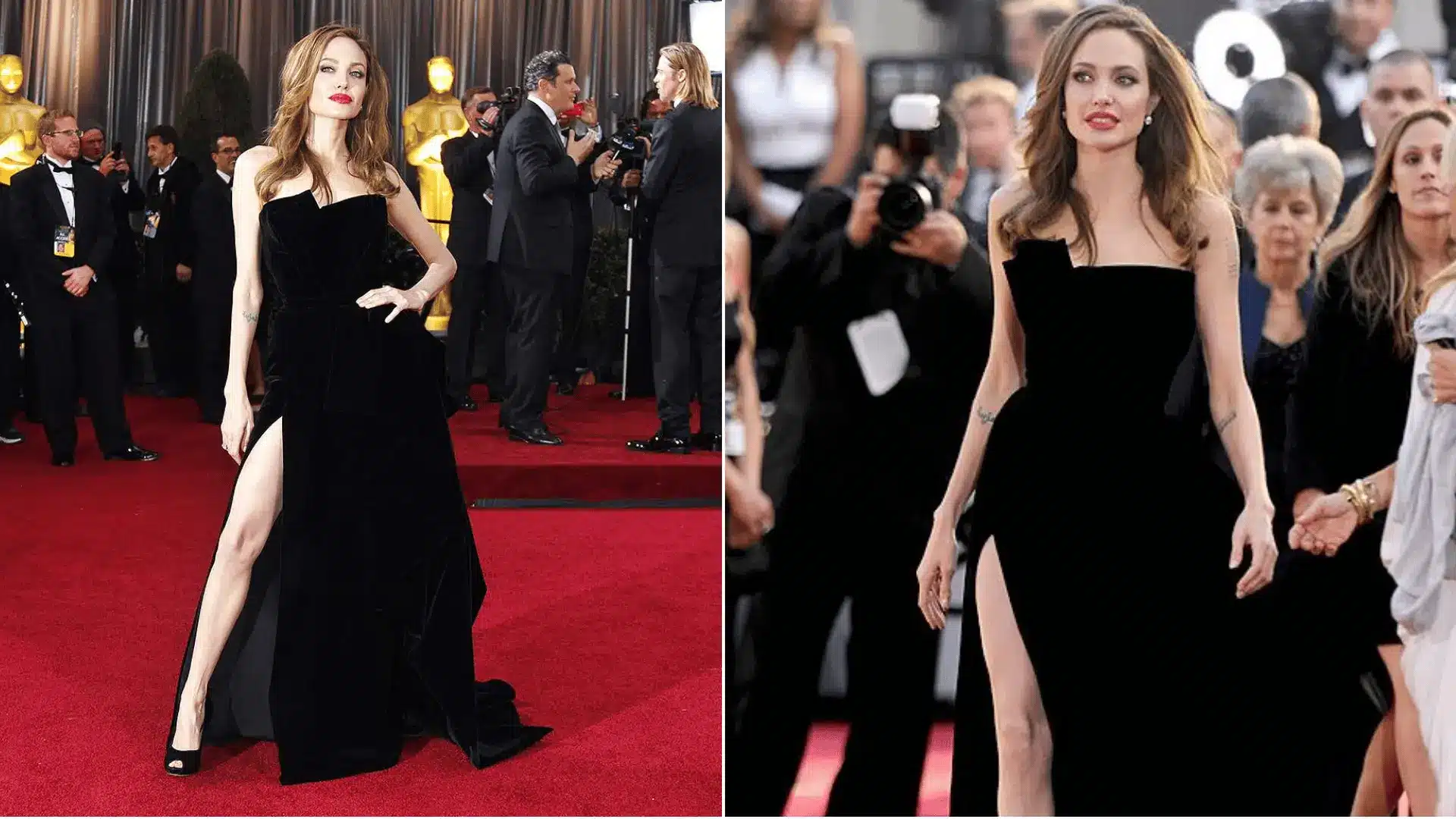 Angelina Jolie wearing a black velvet Atelier Versace gown with a thigh-high slit at the 2012 Oscars.