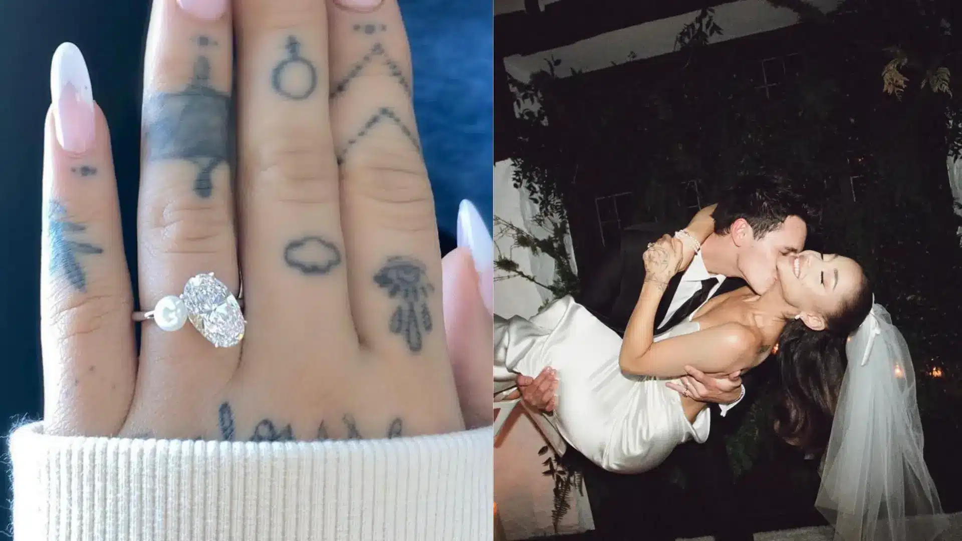 Ariana Grande's pearl and oval diamond engagement ring beside a photo of her and Dalton Gomez on their wedding day