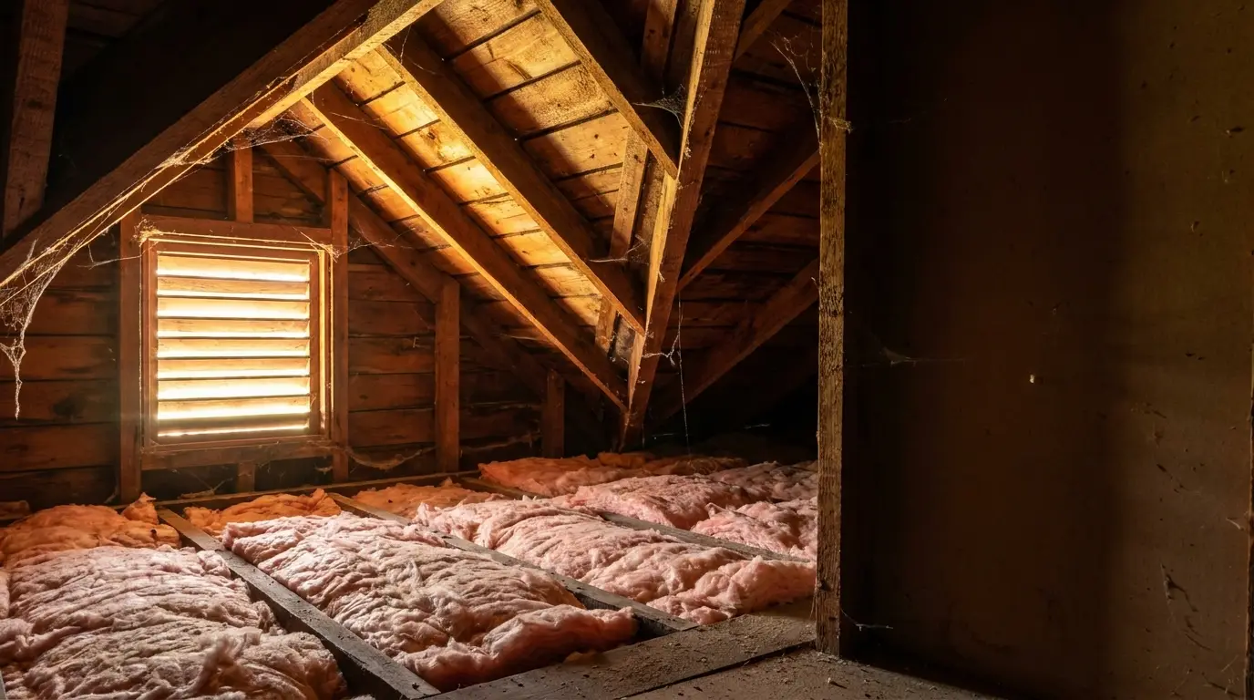 Attic with exposed wooden beams and insulation bathed in warm light from small window