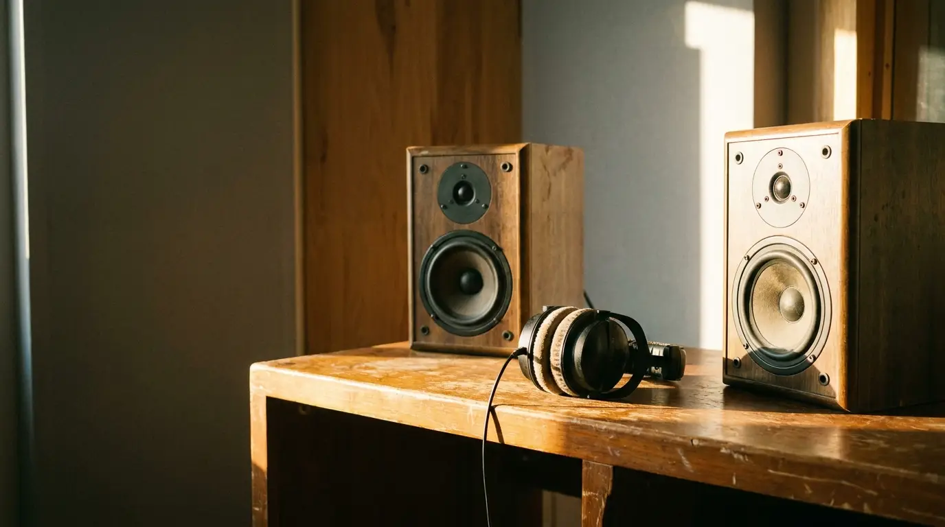 Wooden speakers and headphones on rustic table in sunlit room