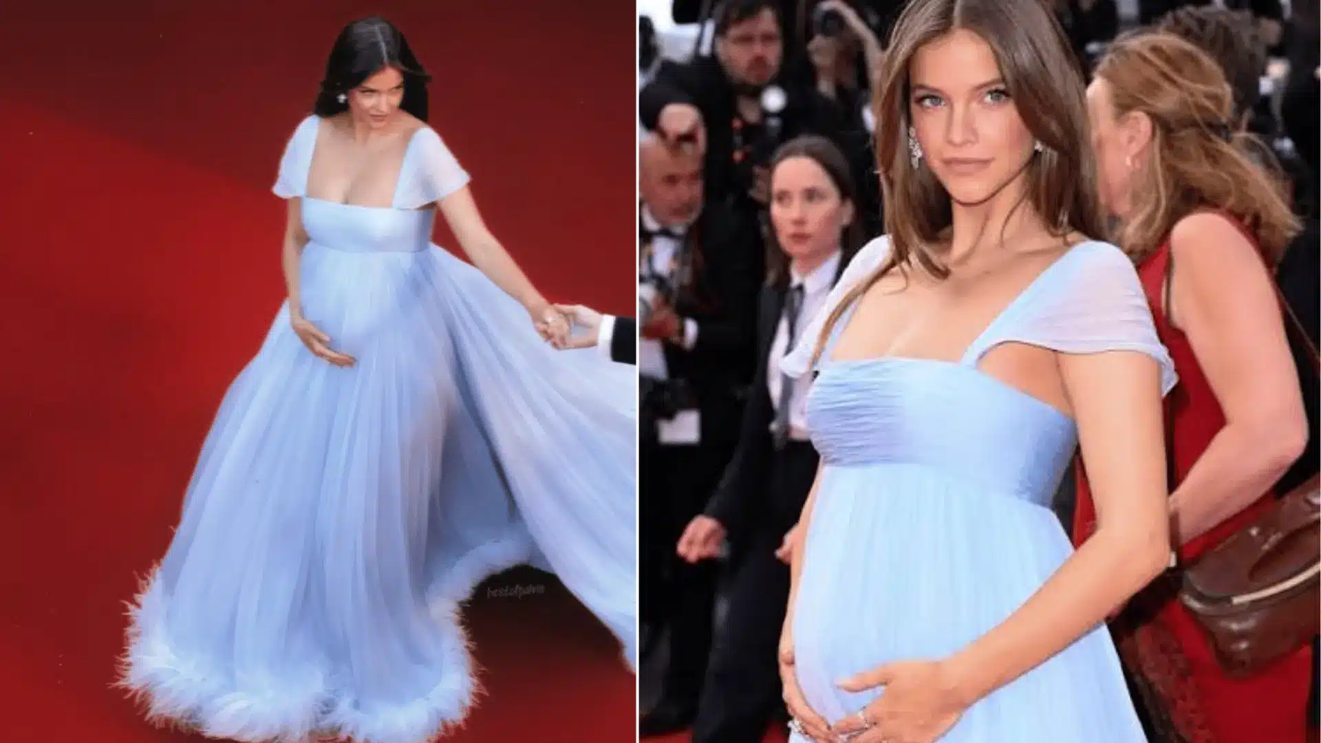 Barbara Palvin Sprouse wearing a baby-blue Miu Miu gown while pregnant at the 2026 Cannes Film Festival.