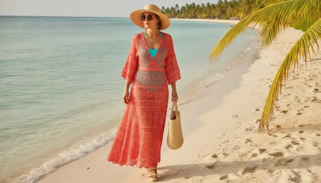 Woman in coral lace dress walking on tropical beach with straw hat and bag